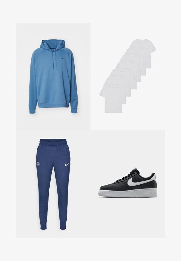 Blaues Kapuzensweatshirt aus weichem Material, mit einem schlichten Design, langen Raglanärmeln und einem kleinen Logo auf der Brust.; Weiße Baumwoll-T-Shirts, kurze Ärmel, Rundhals-Design, schlichte Textur, in einer Reihe gestapelt, mit dezentem Branding am Hals.; Marinefarbene Sporthosen aus strukturiertem Stoff mit einem Paris-Logo am linken Oberschenkel und einem weißen Nike-Swoosh am rechten Beinum.; Schwarze Ledersneaker mit strukturierten Oberflächen, weißem Nike-Swoosh, grauer Sohle, runder Zehenpartie und Schnürdesign. Verfügt über Perforationen an der Zehenbox.