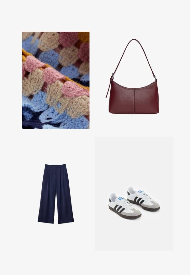 Knit textile featuring pastel colors, including pink, blue, beige, and yellow. Textured pattern with loops and waves. Soft, wool-like material.; Navy blue wide-leg trousers with pleats, buttoned waistband, and belt loops, shown flat on a white background.; Sport shoes with a white leather upper, gray suede toe, and three black stripes. Features a blue logo on the tongue and a textured rubber sole.; Maroon leather handbag with a curved shape, a single shoulder strap, and stitched detailing at the center. Smooth texture, minimal hardware.