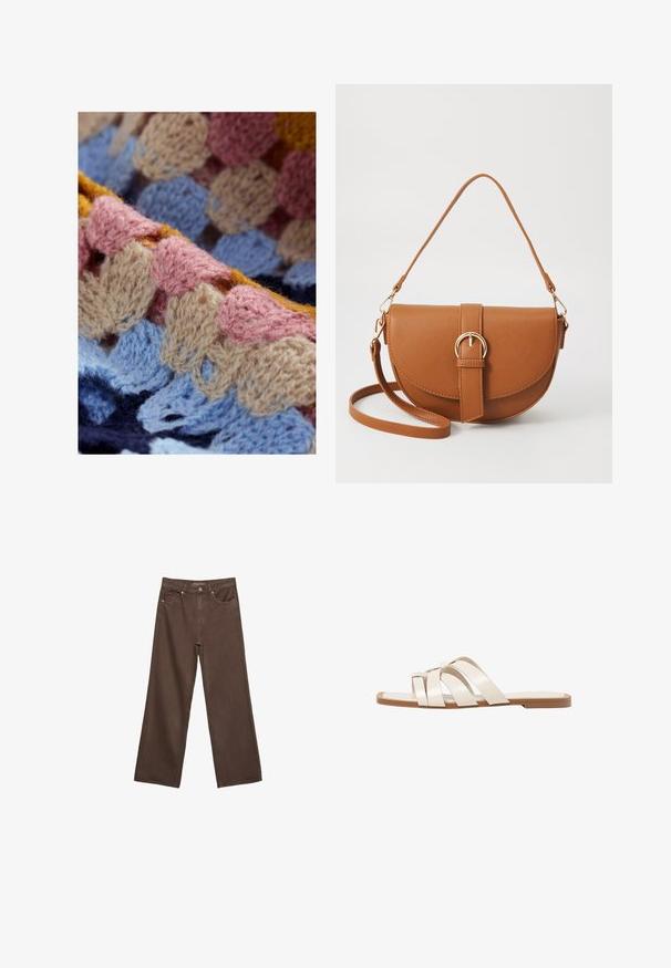 Neulemateriaali, jossa on pastellisävyjä, kuten vaaleanpunainen, sininen, beige ja keltainen. Rakennekuvio, jossa on silmukoita ja aaltoja. Pehmeä, villan kaltainen materiaali.; Leviittävät ruskeat farkut, jotka on valmistettu denimistä, korkea vyötärö, etutaskut ja klassinen nappikiinnitys. Silkkinen pinta hienovaraisella ompelutyöllä.; Tason vaaleanruskealla kumipohjalla, jossa on kolme päällekkäistä valkoista nahkaremmiä ja pieni satiininen rusetti keskellä.; Ruskean nahkainen olkalaukku, jossa on kaareva muoto, kultaiset yksityiskohdat ja solkiyksityiskohta. Varustettu irrotettavalla olkahihnalla.