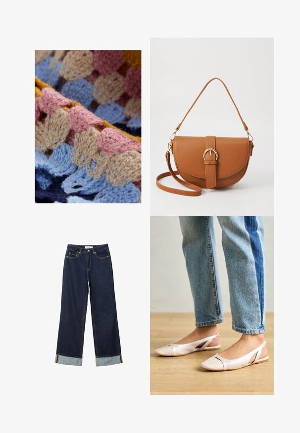 Pletená textilie s pastelovými barvami, včetně růžové, modré, béžové a žluté. Texturovaný vzor s smyčkami a vlnami. Měkký materiál připomínající vlnu.; Tmavě modré kalhoty s širokými nohavicemi a vysokým pasem, s ohrnutými manžetami, kontrastním prošíváním a pěti kapsami. Vyrobené z denimové tkaniny.; Světle růžové slingback baleríny s špičatou špičkou, vyrobené z hladkého koženému materiálu. Obsahují vystřihovací detaily po stranách a plochý podpatek.; Hnědá kožená křížová taška s zakřiveným tvarem, zlatými detaily a akcentem s přezkou. Obsahuje odnímatelný popruh na rameno.