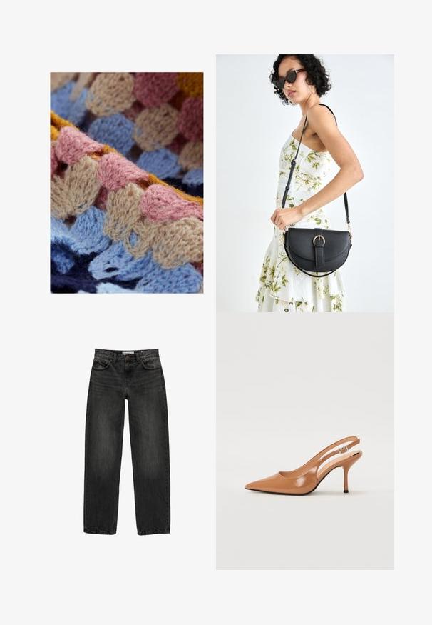 Tissu tricoté aux couleurs pastel, comprenant du rose, du bleu, du beige et du jaune. Motif texturé avec des boucles et des vagues. Matériau doux, semblable à de la laine.; Jeans en denim noir avec une coupe décontractée, jambres droites, design à cinq poches et une texture légèrement délavée. Fermeture à bouton et à zip à l'avant.; Escarpin à talon slingback à bout pointu en matériau beige lisse et brillant. Présente un design de découpes courbées et un talon aiguille fin. Détail de boucle en argent.; Sac à main en cuir noir avec une forme courbée, bandoulière amovible et des accessoires en or. Le sac est doté d'un rabat avec un détail de boucle.