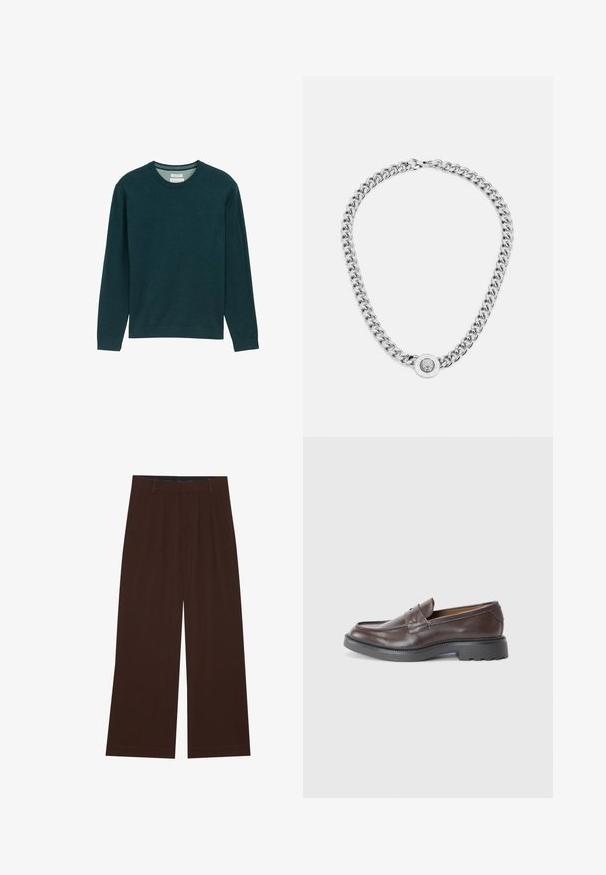 Sötétzöld, hosszú ujjú pulóver, bordázott kerek nyakkivágással, puha tapintással és egy diszkrét logóval az elején. Klasszikus szabás.; Barna, széles lábú nadrág, plisszézett részleggel. Simább anyagból készült, szabott derékkal és oldalsó zsebekkel rendelkezik. Lapos szegéllyel az alsó részen.; Barna bőr loaferek sima felülettel, kerek orral, minimális varrással és vastag fekete gumitalppal. Nincs látható fém vagy díszítés.; Ezüst lánc nyaklánc, vastag gyűrűkkel és középen egy részletes díszítéssel ellátott kör alakú medállal. Simára polírozott, fényes fémfelület.