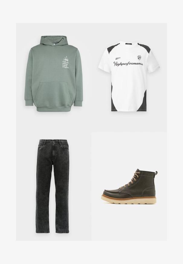 Lysegrøn hættebluse lavet af blødt stof. Har en frontlomme, en hætte med snor og trykt tekst med et grafisk design på brystet.; Hvid kortærmet t-shirt med sorte accenter. Har "REPLAY FC" logoet og "Highperformance" teksten i en sporty skrift. Lavet af et glat materiale.; Sorte denimjeans med lige ben, der har fem lommer, knaplukning og diskret udvaskning langs stoffet.; Mørkegrønne læder ankelstøvler med beige snørebånd, polstret krave og tekstureret gummisål. Har vandtætte markeringer og syninger.