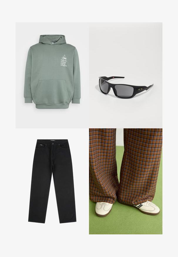 Světle zelená mikina z měkké tkaniny. Obsahuje přední kapsu, kapuci se stahovací šňůrkou a potisk s grafickým designem na hrudi.; Černé džíny s rovnými nohavicemi, s předními knoflíky a zipem, poutky na opasek a pětipocketovým designem, položeny na bílé pozadí.; Hnědo-modré kostkované široké kalhoty doplněné bílými botami s černými akcenty a texturovanou podrážkou, umístěné na zeleném pozadí.; Černé sluneční brýle s obdélníkovým tvarem, vyrobené z odolného plastu, s šedými zrcadlovými skly a zlatým akcentem po straně.