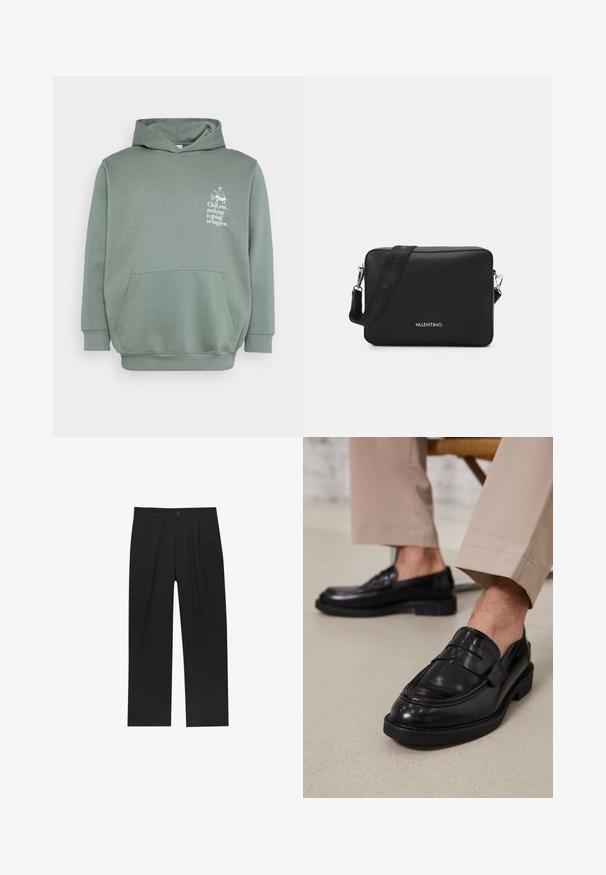 Helle grüne Kapuzenjacke aus weichem Material. Verfügt über eine Fronttasche, eine Kapuze mit Kordelzug und bedruckten Text sowie ein grafisches Design auf der Brust.; Schwarze Hose mit geradem Schnitt, aus einem glatten Stoff gefertigt. Verfügt über Vorderfalten und einen einzelnen Knopfverschluss an der Taille.; Schwarze Lederloafers mit glatter Oberfläche, ausgestattet mit einem dekorativen Riemen und Kontrastnähten, kombiniert mit beigen Hosen.; Schwarze rechteckige Umhängetasche aus strukturiertem Material, ausgestattet mit einem silbernen Hardware-Verschluss und einem verstellbaren Tragegurt mit Logo.