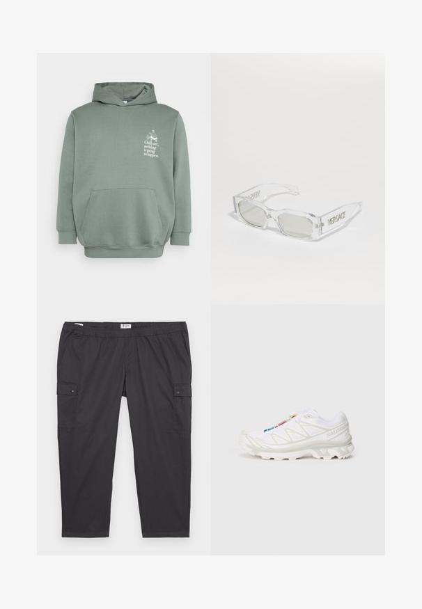 Helle grüne Kapuzenjacke aus weichem Material. Verfügt über eine Fronttasche, eine Kapuze mit Kordelzug und bedruckten Text sowie ein grafisches Design auf der Brust.; Schwarze Cargo-Hosen mit einem elastischen Bund, seitlichen Taschen und Druckknopfdetails. Hergestellt aus leichtem, glattem Stoff.; Weiße Sportlich-Schuh mit strukturiertem Mesh-Obermaterial, reflektierenden Akzenten und einer gepolsterten Sohle. Auffälliges Markenlogo an der Seite.; Klare Kunststoffsonnenbrille mit grauen Gläsern, rechteckiger Form, geprägtem "Versace"-Logo an den Bügeln, das ein modernes Design präsentiert.