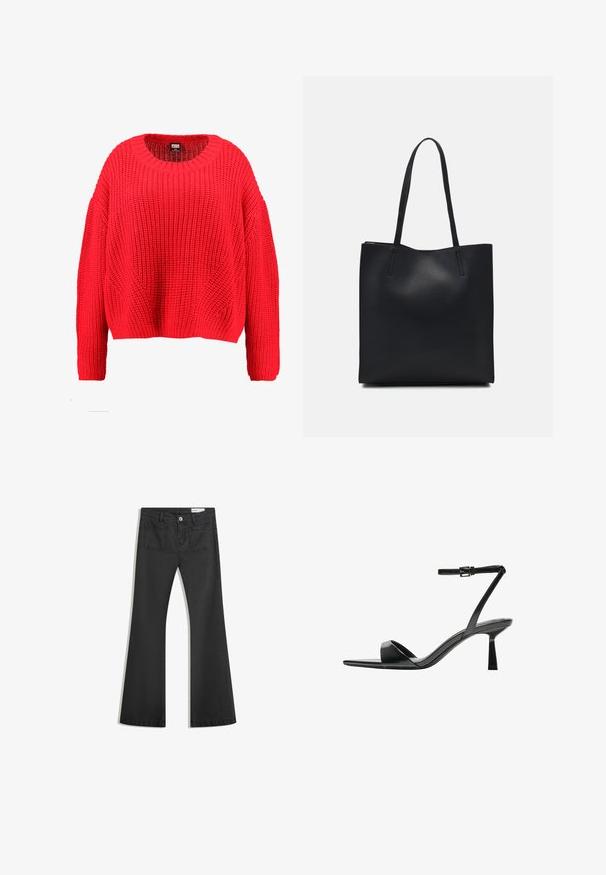 Rdeč pleten pulover z okroglim izrezom, padajočimi rameni in bordenim robom. Ima teksturiran, robusten vzorec po celotni površini.; Črne flare traperke z gladko teksturo, opremljene z dvema zadnjima žepoma in gumbnim zapiranjem v pasu.; Bershka Sandali z visoko peto - black; Črna usnjena torba s svilnato teksturo, pravokotne oblike in dvema dolgima ročajema. Brez vidnih metalnih delov ali okrasnih elementov.