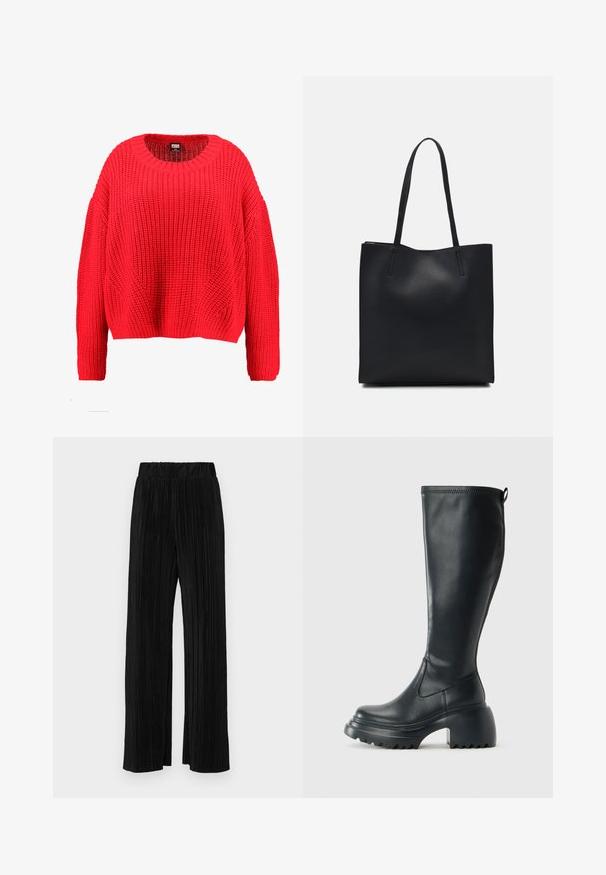 Raudonas megztas megztinis su apvalia iškirpte, nukritusiais pečiais ir ribbiniu apatine dalimi. Visa jis pasižymi tekstūruotu, stambiu raštu.; Juodi plisuoti kelnės su elastine juosta. Turėkite plačias kojas ir glotnų, tekstūrinį audinį su vertikaliais dryžiais.; Ilgas juodos odinės batai su masyvi platforma ir stačiakampiu kulnu, turintys traukimo kilpą ir tekstūruotą pado raštą.; Juodas odinis tote krepšys su lygia tekstūra, stačiakampio formos ir dviem ilgais rankenomis. Matomų metalinių detalių ar puošybos nėra.