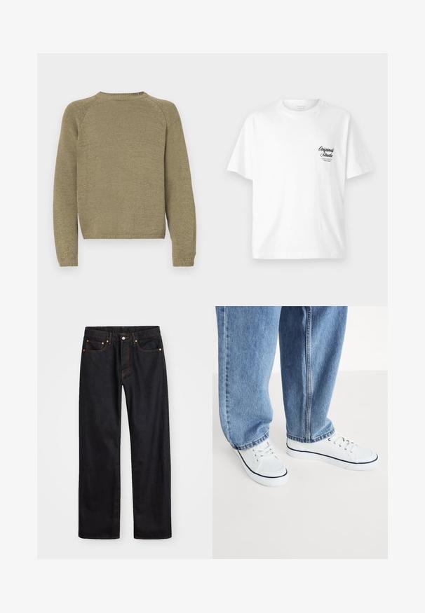 Olivovozelený sveter s textúrovaným pleteným vzorom, raglánovými rukávmi a okrúhlym výstrihom. Spodný lem a manžety sú rebrované.; Biela bavlnená tričko s okrúhlym výstrihom, krátkymi rukávmi a čiernym potlačeným logom na ľavej hrudi, s retro písmom.; Pánske rovné čierne riflové nohavice s piatimi vreckami a oranžovým prešívaním, s gombíkom a zipsom na prednom páse.; Biele plátené tenisky s námorníckymi akcentmi, okrúhlym špičkou a šnurovacími detailmi v kombinácii so svetlomodrými džínsami v ležérnom strihu.