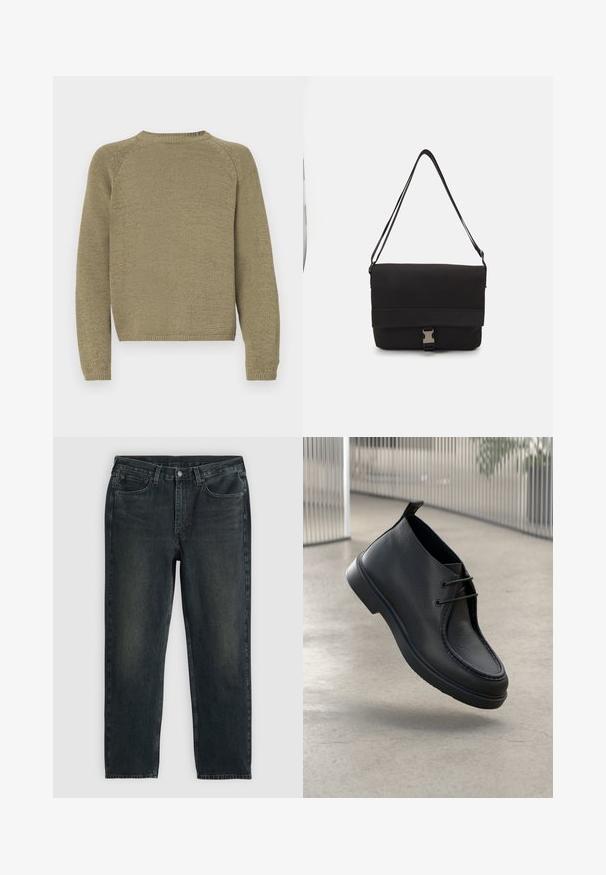Olíva zöld pulóver texturált kötött mintával, raglán ujjaival és kerek nyakkivágásával. Az alsó szegély és a mandzsetta bordázott.; Sötétkék farmernadrág, egyenes fazonnal, ött zsebbel, cipzáras sliccel és kontrasztos varrással. A szövet enyhe kopása.; Fekete bőr cipő sima textúrával, lekerekített orral és fűzős dizájnnal; alacsony profilú talppal és hátsó húzófüllel rendelkezik.; Fekete üzenetküldő táska sima anyagból, hajtókás fedéllel, ezüst csattal és állítható vállpánttal.