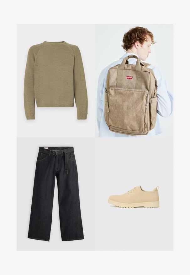 Olive rohelise värvusega sviiter tekstuurse kudumisega, raglandi varrukatega ja ümmarguse kaelusega. Hem ja mansetid on soonikud.; Tumed denimist laiad püksid vööga, esikülgedel on taskud ja kontrastne õmblus. Sile tekstuur ja puhas disain.; Beež nubukist nööriga kingad, ümmarguse nina, tekstuuriga pinnaga ja paksu valge kummist tallaga, millel on mustrimuster.; Pruun kangast seljakott mitme taskuga, vastupidavad rihmad ja väike punane logo. Omab tekstuuri ja ristkülikukujulist kuju.