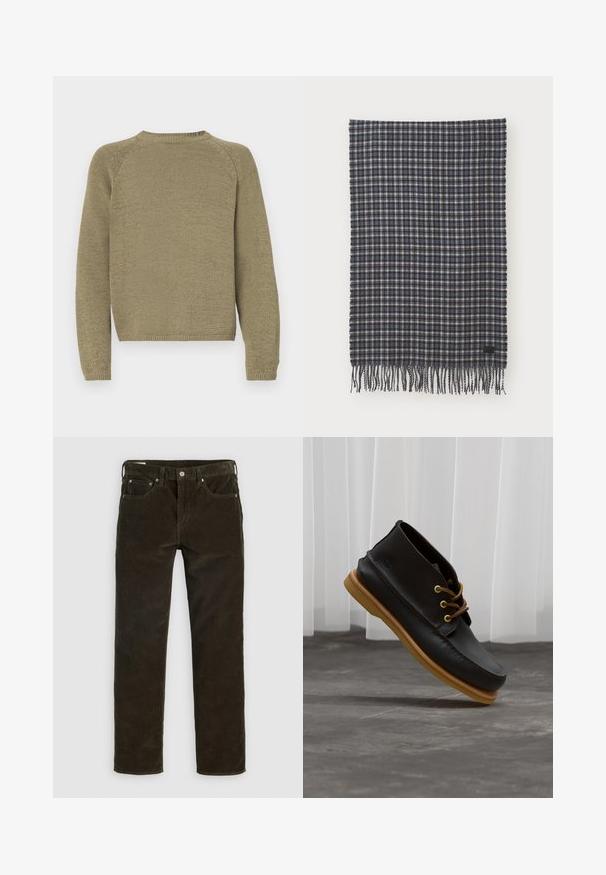 Olive green sweater with a textured knit design, raglan sleeves, and a round neckline. Hem and cuffs are ribbed.; Brown corduroy pants with a straight-leg cut, five pockets, visible stitching, and a textured fabric finish. Metal button closure at the waist.; Black leather shoes with a smooth finish, round toe, brown laces, and light brown rubber soles. Logo embossed on the side.; Woven wool scarf in dark navy and cream plaid, featuring fringe edges and a small black label accent. Soft texture with a rectangular shape.