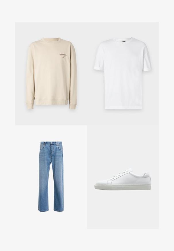 Felpa beige in cotone, caratterizzata da un collo a giro, maniche lunghe e un piccolo logo marrone nella zona del petto.; T-shirt bianco in cotone con scollo a girocollo, maniche corte e risvolti; design semplice, texture morbida e taglio dritto.; Jeans in denim blu chiaro con design a gamba dritta, cinque tasche, chiusura con bottone, leggero sbiadimento e dettagli di cucitura a contrasto.; Sneaker bianco con tomaia in pelle liscia e profilo basso. Presenta una punta arrotondata, sei occhielli e una suola in gomma testurizzata.