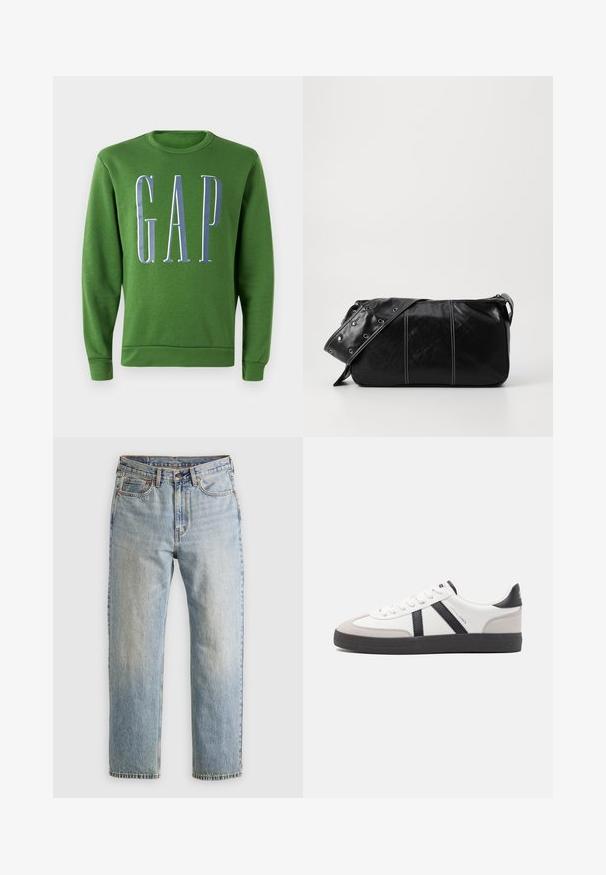 Zelená mikina s kulatým výstřihem, na které je vpředu velké bílé a modré logo "GAP". Měkká tkanina s žebrovanými manžetami a lemem.; Svetle modré džíny z denimu s vysokým pasem, předním knoflíkem, zipem a designem s pěti kapsami, ležící rovně na neutrálním pozadí.; Bílé tenisky s černými a šedými akcenty, opatřené texturovaným šedým prstovým krytem, černou gumovou podrážkou a plochými bílými tkaničkami. Čistý design, minimalistický styl.; Černá kožená kabelka přes rameno se zapínáním na zip, s texturovaným tělem, bílým prošíváním a popruhem se stříbrnými očky.