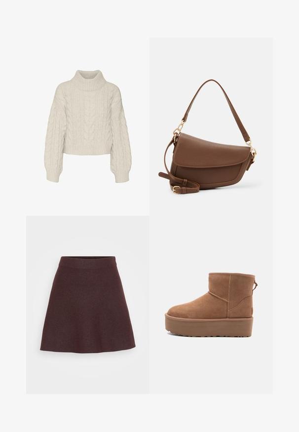 Vero Moda VMDREAM CROP - Vesta - birch; Bordo pletena suknja s lepršavim dizajnom, širokim pojasom i glatkom teksturom, koja ima jednobojnu površinu bez uzoraka ili akcenta.; Svijetlosmeđi antilop čizmice do članka s platformom, okruglim vrhom i ukrasnim šavovima; ima petnu traku za lakše obuvanje.; Smeđa kožna torba za rame s teksturiranim završetkom, zakrivljenim oblikom, zlatnim hardverom, podesivim remenom i zatvaranjem na preklop.