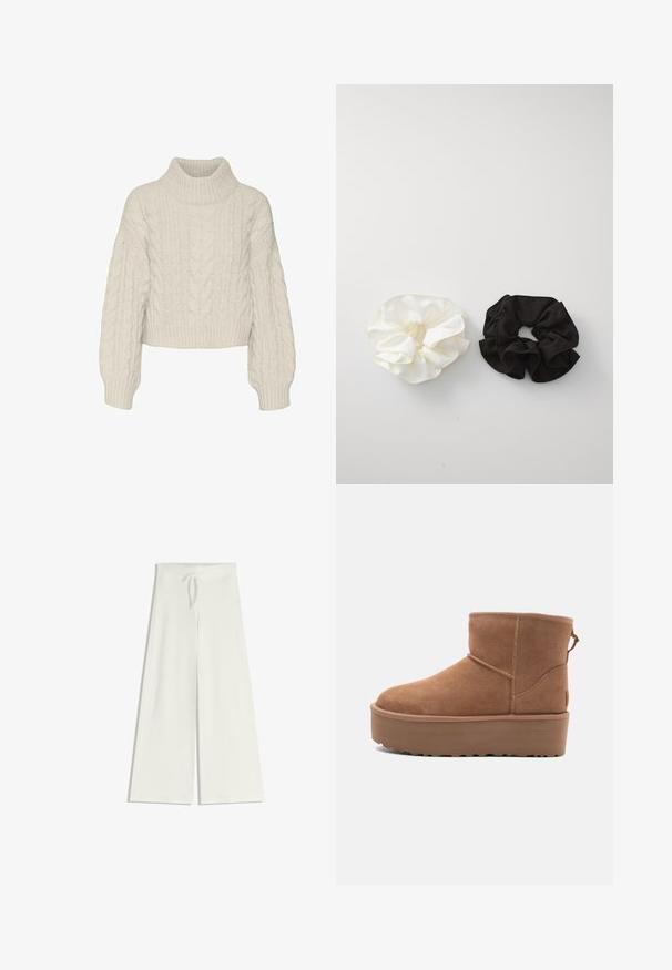 Vero Moda VMDREAM CROP - Vesta - birch; Široke, bijele hlače od mekog pletiva, s elastičnim pojasom i vezicom za prilagodbu veličine. Glatka tekstura, bez uzoraka.; Svijetlosmeđi antilop čizmice do članka s platformom, okruglim vrhom i ukrasnim šavovima; ima petnu traku za lakše obuvanje.; Dva satenska gumica za kosu, jedna bijela i jedna crna, s nabranim dizajnom i glatkom teksturom, prikazane na jednostavnoj bijeloj pozadini.