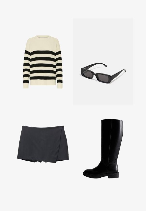 Pull en tricot à rayures ivoire et noires. Encolure ras-du-cou côtelée, manches longues et coupe décontractée avec un ourlet visible.; Mini-jupe noire à rayures, avec un design enroulé, fabriquée à partir d'un tissu lisse. Dispose d'une finition soignée et sans attache visible.; Bottes noires en cuir jusqu'aux genoux avec une texture lisse, bout rond, coutures minimales et semelle en caoutchouc plate. Design simple et élancé.; Lunettes de soleil noires rectangulaires avec des verres foncés, finition brillante, larges branches et un design de monture épaisse. Nom de marque gravé sur une branche.; Sac en cuir noir avec une texture lisse, un corps large, une fine bandoulière et une fermeture éclair sur le dessus.