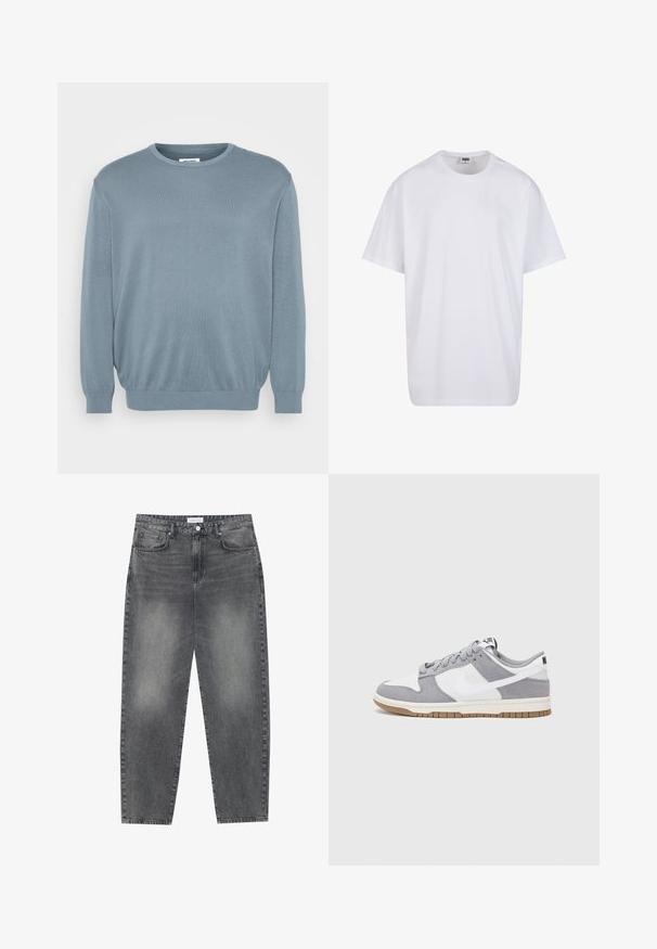 Lyseblå genser laget av strikket stoff, med rund halsringning og ribbestrikkede mansjetter og kant. Enkelt design med en myk tekstur.; Hvit bomull t-skjorte med korte ermer, rund utringning, avslappet passform, og ingen synlige logoer eller mønstre. Glatt tekstur og minimalistisk design.; Høyt liv, løstsittende jeans i falmet svart denim. Har fem lommer, beltehemper og et rent, rett ben-design.; Grå og hvite sneakers med overdel i semsket skinn og lær, rund tå, flate lisser, og gummisåle med gummibelegg.