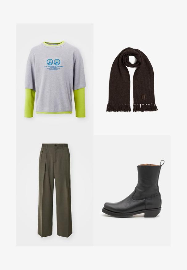Hanorac din bumbac gri, cu un strat interior verde aprins, având simboluri albastre ale păcii și text tipărit pe partea din față. Mâneci scurte, croială lejeră.; Filippa K WIDE TROUSERS - Pantaloni - driftwood; Botină neagră din piele cu o textură netedă, profil subțire, cusături laterale și toc pătrat mic. Are o buclă de prindere în partea din spate.; Eșarfă împletită de culoare maronie, cu capete franjurate, având o textură subtilă și un mic logo brodat în colțul din dreapta jos.