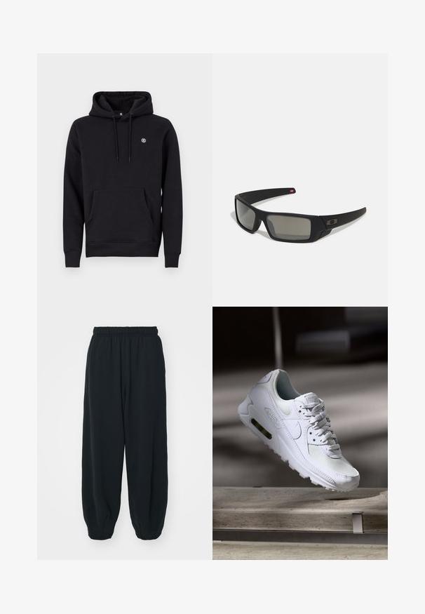 Juodas gobtuvas megztinis, pagamintas iš medvilnės ir sintetinių pluoštų mišinio. Įrengtas priekinėmis kengūros kišenėmis, raštuotais rankogaliais ir mažai logo ant krūtinės.; Juodi, su elastiniu juosmeniu sportiniai kelnės su laisvu siluetu, suapvalintais kulkšnimis, lygia tekstūra ir be matomų raštų ar metalinių akcentų.; Baltos Nike Air Max 90 sportbačiai su.comi ir odos viršumi, perforuota pirštų dėžute ir matomu oro pagalvėle kulne.; Juodi akiniai saulės su matinio paviršiaus užbaigimu, stačiakampiai lęšiai, švelnus lenkimas ant šventyklų, subtilus logotipo detalizavimas ir dūminiai lęšiai.