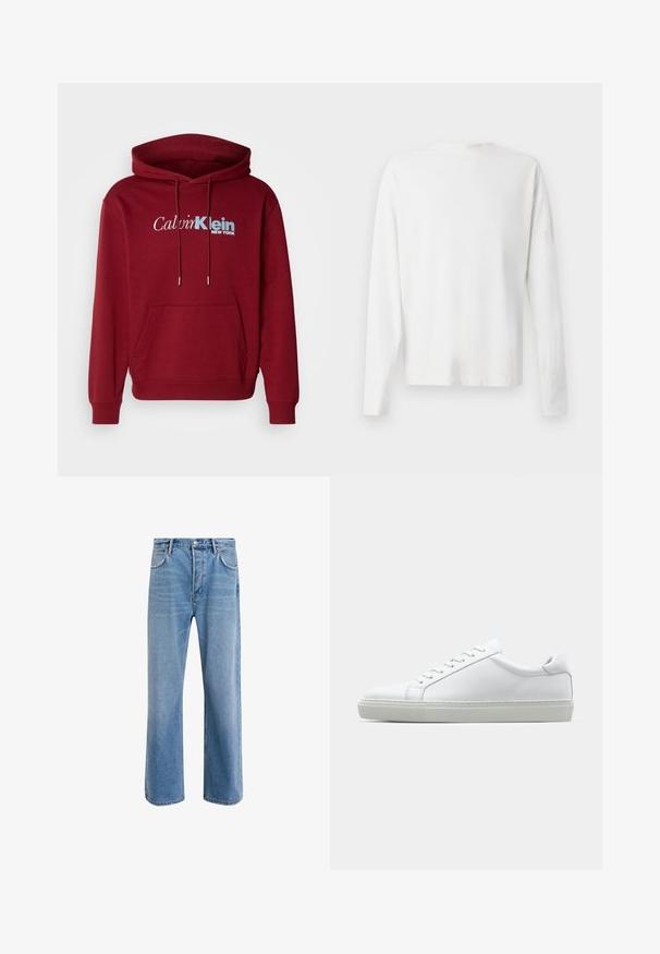 Felpa con cappuccio color bordeaux realizzata in tessuto felpato, dotata di tasca a marsupio, polsini a costine e logo “Calvin Klein NEW YORK” in bianco e blu.; Camicia bianca in cotone a maniche lunghe con scollatura rotonda, spacchi laterali in fondo e una texture liscia, mostrata da dietro.; Jeans in denim blu chiaro con design a gamba dritta, cinque tasche, chiusura con bottone, leggero sbiadimento e dettagli di cucitura a contrasto.; Sneaker bianco con tomaia in pelle liscia e profilo basso. Presenta una punta arrotondata, sei occhielli e una suola in gomma testurizzata.