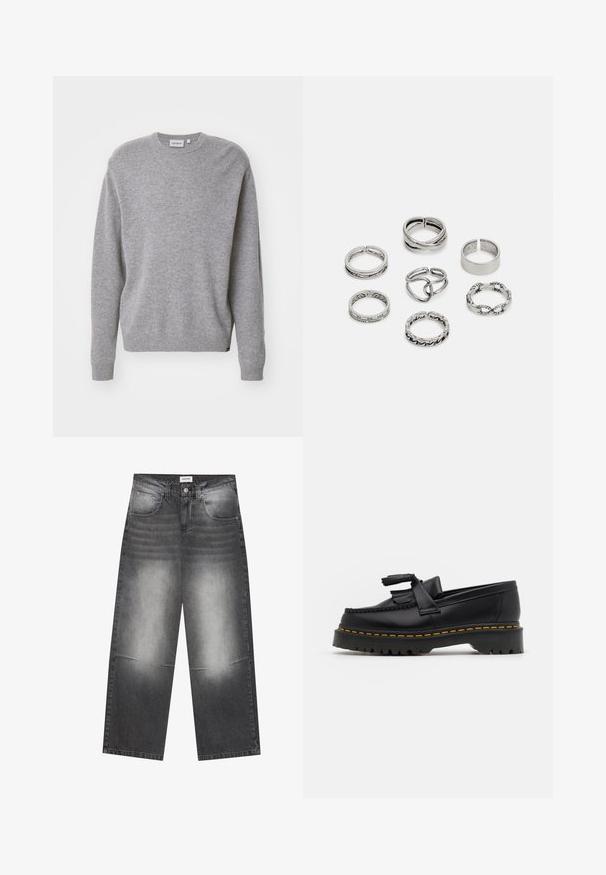 Grå stickad tröja med långa ärmar, rund hals och ribbade manschetter och nederkant. Tyget verkar mjukt och texturerat, designat för avslappnad användning.; Breda svarta denimjeans med en urtvättad grå finish, med framfickor, en knappstängning och lätt slitningar på knäna.; Svart läderloafer med en tofsdetalj, med en kraftig svart sula och gul söm längs kanten. Strukturerad yta.; Set med sju silverringar med olika mönster, inklusive vridna, länkade och graverade mönster. Olika former och bredder.