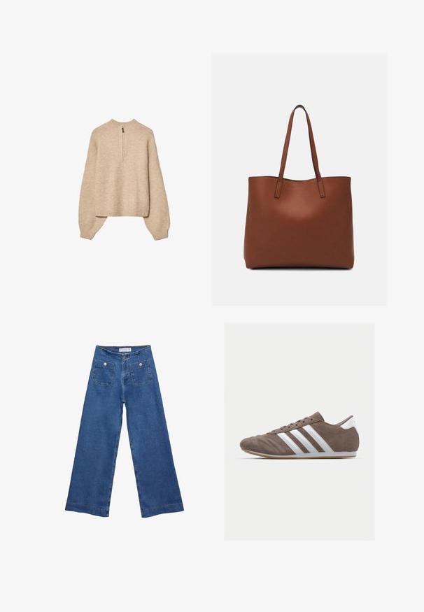 Bež pleteni pulover s visokim ovratnikom, polu-dužim rajsferšlusom i rukavima sa spuštenim ramenima. Ima rebrasti donji rub i manžete.; Denim široke hlače s medijskom plavom pranju, dva prednja džepa s dugmadi, i šivana dekoracija duž rubova.; Smeđi zamakani sportski tenisice s bijelim prugama, okrugli vrh, vezanje, i potplat od gumene smole. Teksture gornjeg dijela s detaljima šivanja.; Smeđa kožna torba preko ramena s glatkom teksturom, otvorenim vrhom i dvjema naramenicama. Ima minimalne šavove i nema vidljivog hardvera.