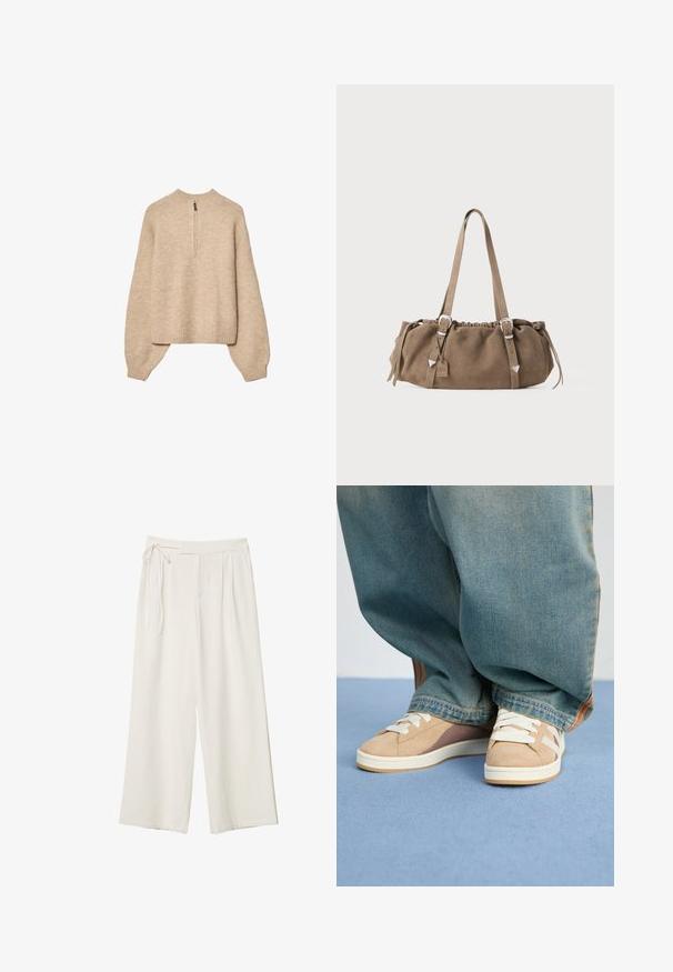 Bež pleteni pulover s visokim ovratnikom, polu-dužim rajsferšlusom i rukavima sa spuštenim ramenima. Ima rebrasti donji rub i manžete.; Hlače širokih nogavica od off-white tkanine s glatkom teksturom. Imaju vezani struk i naborani prednji dio, dizajnirane za opuštenu prilagodbu.; Bežne tenisice bež boje od suede i tekstilnog materijala, s bijelim vezicama, svijetlosmešavim naglascima i teksturiranim đonom. U kombinaciji s slobodnim plavim trapericama.; Smeđa nubuk torba s nabranim vrhom, srebrnim metalnim detaljima i dva remena za nošenje. Karakterizira je pravokutni oblik i minimalistički dizajn.
