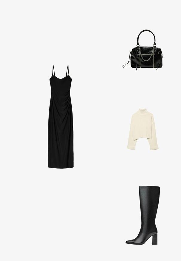 Rippstrick-Creme-Turtleneck-Pullover mit einem verkürzten Design und weiten Ärmeln. Der Stoff erscheint weich und strukturiert; die Bündchen sind umgeschlagen.; Schwarzes Midi-Kleid mit dünnen verstellbaren Trägern, das ein drapiertes Design und eine glatte Textur aufweist. Keine sichtbaren Muster oder Verzierungen.; Schwarze kniehohe Stiefel aus Kunstleder mit spitzer Zehe, glatter Oberfläche und blockartigem Absatz. Minimalistisches Design ohne sichtbare Akzente.; Bershka WITH CHAIN - Handtasche - black