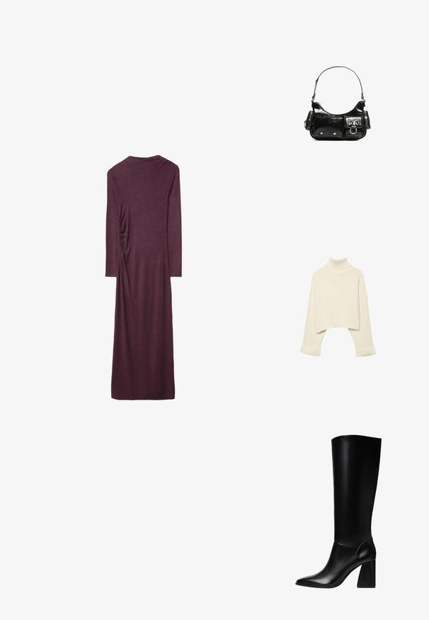 Pletena kremasta pulover s visokim ovratnikom, s skrajšano zasnovo in širokimi rokavi. Tkanina se zdi mehka in teksturirana; manšete so prepognjene.; Duga, uska haljina od tamnoljubičastog materijala s detaljima na bočnim naborima. Glatka tekstura i dizajn do gležnjeva. Jednostavno, okruglo izrezivanje.; Stradivarius Čizme s visokom petom - black; Crna patentna kožna torba s zakrivljenim oblikom, jednim remenom za rame, prednjim džepovima i akcentima od srebrnog tona.