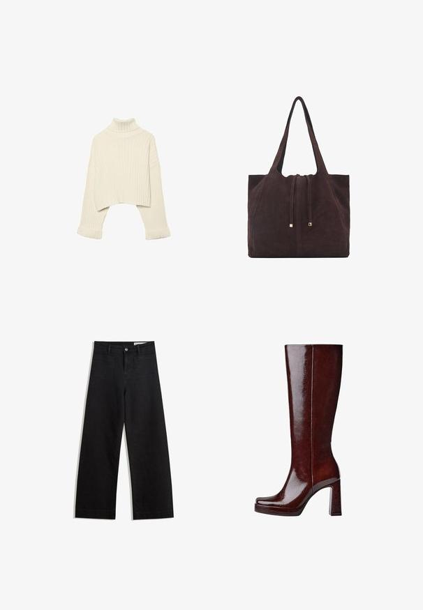 Rippstrick-Creme-Turtleneck-Pullover mit einem verkürzten Design und weiten Ärmeln. Der Stoff erscheint weich und strukturiert; die Bündchen sind umgeschlagen.; Schwarze weit geschnittene Jeans mit hoher Taille, ausgestattet mit Vorder- und Hintertaschen, gesteppten Nähten und einem Knopfverschluss. Glatte Textur.; Knöchelhohe, glänzende bordeauxrote Lederstiefel mit quadratischer Zehenpartie, erhöhtem Plateau und klobigem Blockabsatz. Glatte Textur mit minimaler Detailierung.; Mango Shopping Bag - dark brown