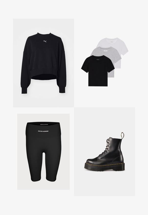 Sort cropped sweatshirt lavet af blød stof. Har lange ærmer, en rund udskæring og et lille hvidt Puma-logo på brystet.; Sæt af tre kortærmede t-shirts i sort, grå og hvid. Fremstillet af bomuld, har en rund hals og et enkelt, ensfarvet design.; Sorte atletiske shorts lavet af strækbart stof, med en høj talje og et hvidt logo "PEGADOR" på forsiden.; Sorte læder snørebånd ankelstøvler med en kraftig sort sål og gul syning. Har en trækflap bagpå og runde metaløjer.