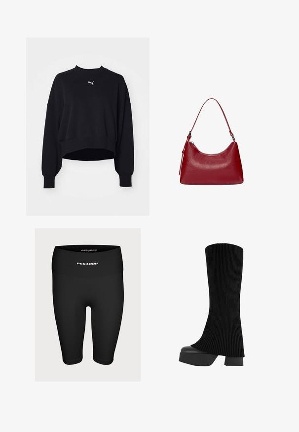 Svart kort sweatshirt i mjukt tyg. Har långa ärmar, rundad halsringning och en liten vit Puma-logotyp på bröstet.; Svarta träningsshorts i stretchy material, med hög midja och en vit logotyp "PEGADOR" på framsidan.; Svart knähög stövel med ett ribbat tygövre, kraftig plattformssula och blockklack, med en slät yta och en elegant, modern design.; Röd läderaxelväska med en rundad design, slät yta och dragkedjestängning. Den har ett tunt handtag för bärande.
