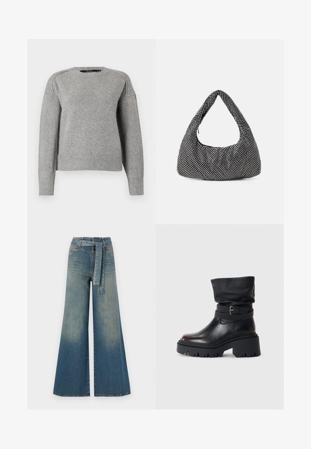 Light gray sweater with a rounded neckline, ribbed cuffs and hem, and a soft texture. Features dropped shoulders for a relaxed fit.; Wide-leg denim trousers featuring a light to dark blue gradient, high waist, belt loops, and a matching fabric belt. Textured denim finish.; Black leather ankle boot with a slouchy upper, buckle detail, and thick, rugged sole. Features a round toe and smooth texture.; Black bag with a curved, hobo shape, textured fabric featuring silver studs. Singular top handle, zip closure, and soft silhouette.