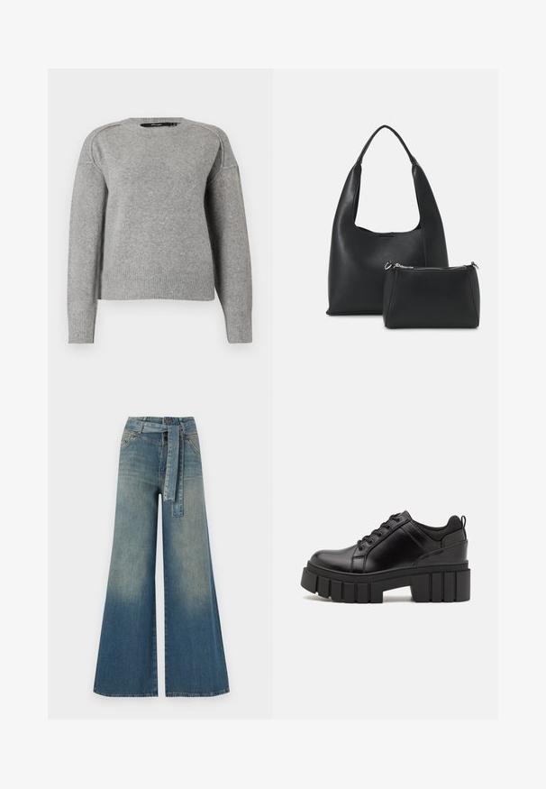 Pulover gri deschis cu decolteu rotund, manșete și tiv cu model în relief și o textură moale. Prezintă umeri lăsați pentru o potrivire relaxată.; Pantaloni din denim largi, cu un gradient de la albastru deschis la albastru închis, talie înaltă, bucle pentru curea și o curea din același material. Finisaj texturat din denim.; Pantofi cu talpă plată din piele neagră, cu toc gros, vârf rotund și design tradițional cu șireturi. Prezintă o textură netedă și detalii minime.; Even&Odd Geantă de mână - black