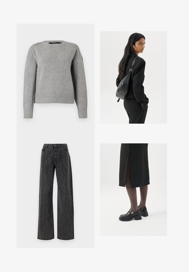 Svetlo sivi pulover z okroglo izreza, rebrastimi manšetami in robom ter mehko teksturo. Ima spuščena ramena za sproščen fit.; Noisy May NMJANNEL LOOSE - Široke kavbojke - black denim; Črne usnjene čevlje s zaobljenim prstom, debelim blokastim petama in elastičnimi stranskimi detajli, v kombinaciji s temno nogavicami in črno krilo z razporkom.; Ženska z dolgimi temnimi lasmi, oblečena v črn kostim, nosi črno usnjeno torbo čez ramo in se ozira čez ramo proti beli podlagi.; Srebrne uhane v obliki obroča z minimalističnim dizajnom. Krožna oblika, gladka tekstura in tanek profil. Lahki s poliranim zaključkom.