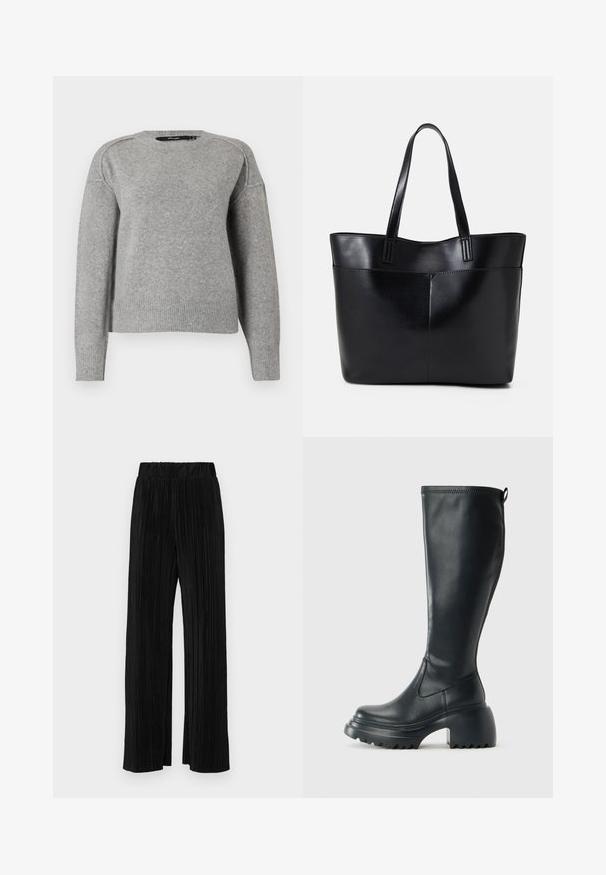 Light gray sweater with a rounded neckline, ribbed cuffs and hem, and a soft texture. Features dropped shoulders for a relaxed fit.; Black pleated trousers with an elastic waistband. Features wide legs and a smooth, textured fabric with vertical stripes.; Tall black leather boot with chunky platform sole and block heel, featuring pull tab and textured tread on outsole.; Black leather tote bag with two long handles, a smooth texture, and a structured shape. Features a front pocket for additional storage.