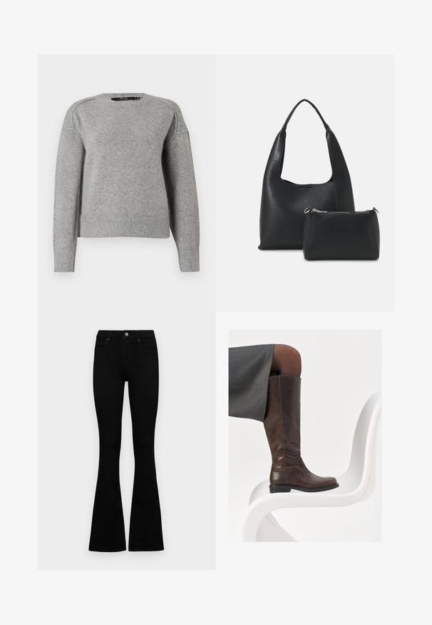 Light gray sweater with a rounded neckline, ribbed cuffs and hem, and a soft texture. Features dropped shoulders for a relaxed fit.; Black high-waist jeans with a button and zip closure, front pockets, and flared legs laid flat on a white background.; Brown leather knee-high boot with a rounded toe, smooth texture, and minimal stitching details, set against a light background on a white chair.; Even&Odd Handbag - black