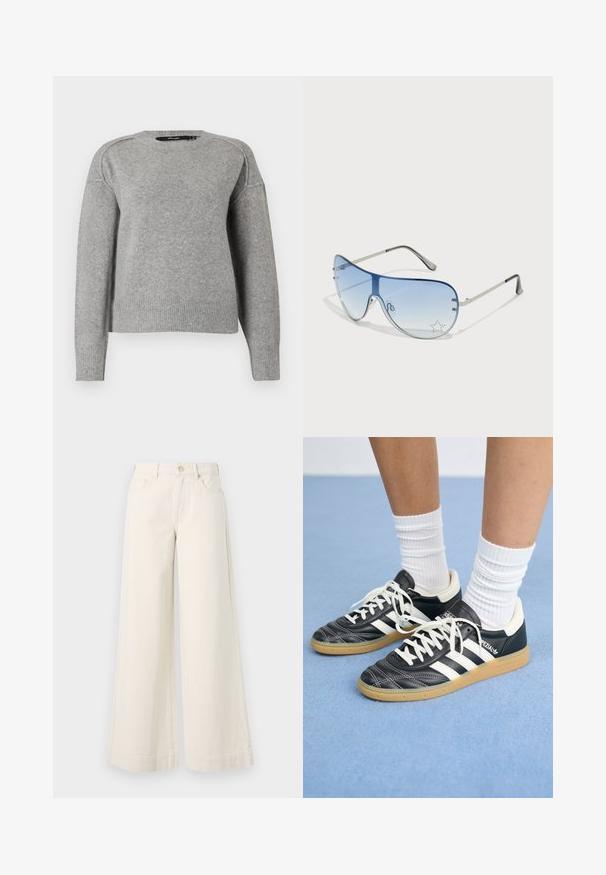 Heled hall sviiter ümmarguse kaelusega, soonikute ja äärtega ning pehme tekstuuriga. Omab langevaid õlgu, mis tagavad mugava lõike.; Laia jalgadega, heledast beežist denimpüksid, kõrge vöökoht, kaks eesmist taskut, nööpkluudir ja peent viimistlusdetaili.; Mustad nahast tennisetossud valgete triipudega, ümar nina, valged paelad ja kummist tallad. Esiletõstetud pehmendatud krae ja brändingu detailid.; Aviatori prillid, millel on gradient sinine objektiiv, hõbedane metallraam ja dekoratiivsed staaraktsendid objektiivil. Sujuv ja stiilne disain.