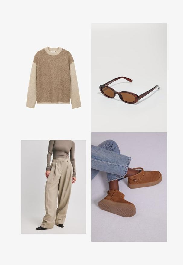Pullover mit rundem Ausschnitt, weichem braunen Körper und gerippten beigen Ärmeln. Hergestellt aus strukturiertem Strickmaterial.; NA-KD Stoffhose - beige; Braune Wildleder-Stiefeletten mit einem weichen Innenfutter, runder Spitze und einer leicht klobigen Gummisohle mit einem Fischgrätmuster.; Runde, braun getönte Sonnenbrillen mit einem glänzenden burgunderfarbenen Rahmen. Schlanke Bügel mit dezentem Branding. Flaches Linsendesign.