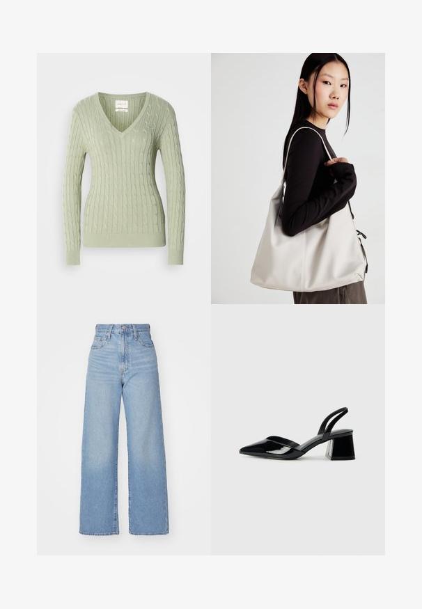 Hele roheline soonikkoes, millel on V-kaelus, kaabelmuster ja soonikkoes. Rinnal väike logosümbol.; Heledad sinine kõrge vöökohaga laiad teksad, ees nupp ja tõmblukk, ees ja taga taskud, valge tausta peal.; Mustad musta lakknahk kingad, millel on terav varvas ja geomeetriline plokkkonts. Omab elegantselt minimalistlikku disaini ja sujuvat tekstuuri.; Bež käekott pehme materjali, millel on lõtv disain, õmblustega detailid ja kaks õlarihma. Sobib igapäevaseks kasutamiseks.