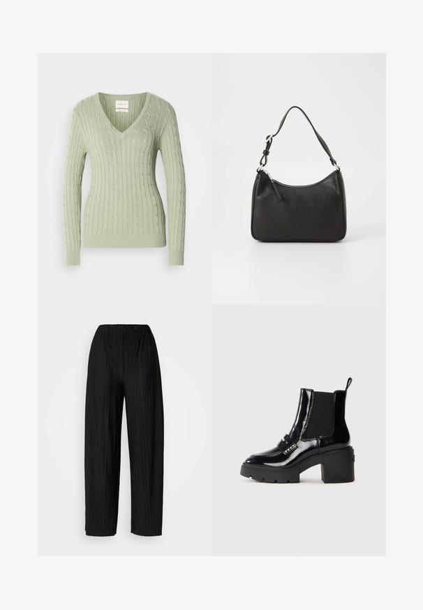 Light green knitted sweater with a V-neck, featuring a cable pattern and ribbed cuffs. Small logo accent on the chest.; Black pleated wide-leg pants with an elastic waistband. The fabric features vertical pleats and a smooth texture.; Black patent ankle boot with a chunky heel, elastic side panels, decorative strap, and contrasting stitching. Smooth texture with a glossy finish.; Black leather handbag with a curved shape, a single strap, zip closure, and subtle branding on the front. Smooth texture, minimalist design.