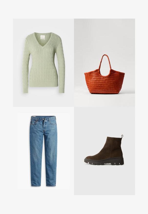Jasnozielony sweter dzianinowy z dekoltem w kształcie litery V, zdobiony wzorem w warkocz i ściągaczami na mankietach. Mały akcent logo na klatce piersiowej.; Niebieskie dżinsy z prostym krojem nogawki, z zapięciem na suwak, dwiema przednimi kieszeniami i delikatnym przetarciem na całej powierzchni materiału.; Brązowy zamszowy botek za kostkę z masywną czarną gumową podeszwą, posiadający lekki obcas i pętelkę z tyłu ułatwiającą zakładanie.; DRAGON DIFFUSION NANTUCKET pomarańczowy