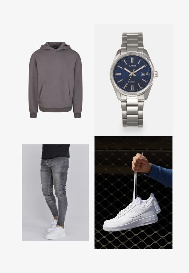 Harmaa puuvillapaita, jossa on etutasku, huppu ja ribattu hihansuun. Suora tekstuuri ja rento istuvuus. Minimalistinen muotoilu ilman koristeita.; Kapeat farkut haalistuneessa harmaassa denimmateriaalissa, joissa on kuluneet yksityiskohdat polvissa, yhdistettyinä valkoisiin lenkkareihin. Suora pinta, kapea leikkaus.; Valkoiset nahkasneakersit, joissa on rei'ityksiä, pyöreä kärki, tasapohja ja paksut nauhat, joissa on näkyvä swoosh-logo ja "AIR" kantapäässä.; Harmaa ruostumaton teräs rannekello, jossa on tummansininen kellotaulu, metalliset tuntimerkit ja päivämääränäyttö kello 3:ssa. Vesitiivis 50 metriin asti.