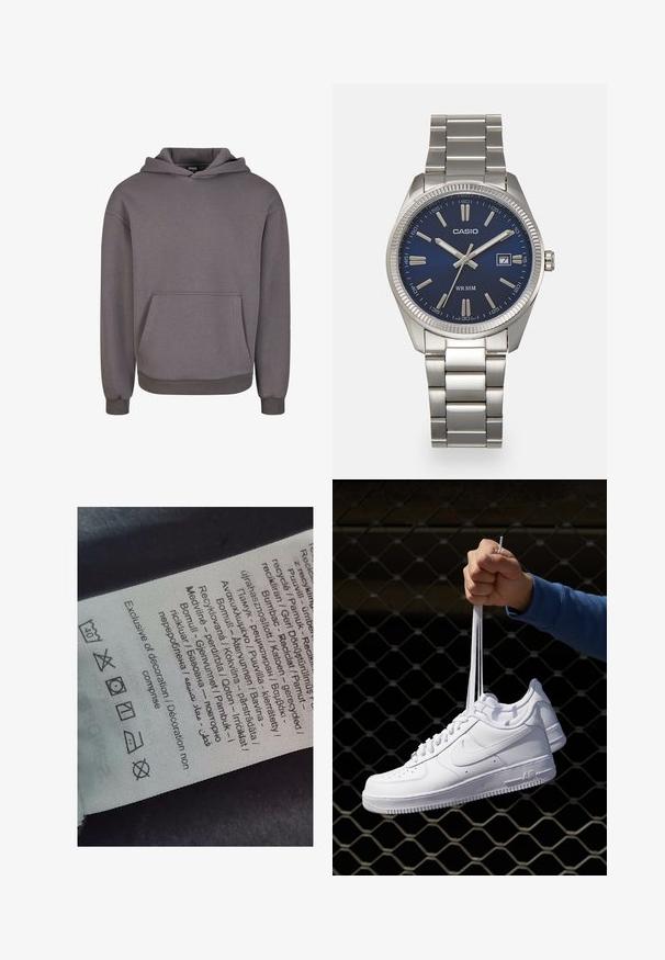 Sudadera de algodón gris con bolsillo frontal, capucha y puños acanalados. Textura suave y ajuste relajado. Diseño minimalista sin adornos.; Etiqueta con texto en varios idiomas, símbolos de cuidado e iconos de reciclaje, impresa en un material suave tipo tela de color claro.; Zapatillas de cuero blanco con perforaciones, punta redonda, suela plana y cordones gruesos, con un logo de swoosh visible y "AIR" en el talón.; Reloj de pulsera de acero inoxidable plateado con una esfera azul marina, marcadores horarios metálicos y una ventana de fecha a las 3 en punto. Resistente al agua hasta 50 metros.