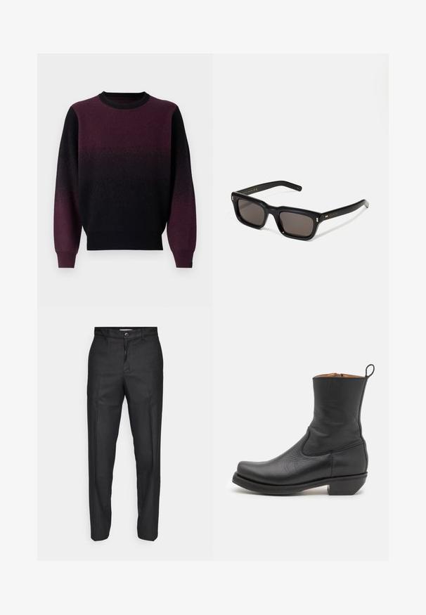 Pullover sweater in gradient black to deep purple. Soft knit texture, round neckline, and long sleeves. Ribbed cuffs and hem.; Black trousers made of a smooth fabric, featuring a front button closure, straight legs, and no visible pockets or patterns.; Black leather ankle boot with a smooth texture, slim profile, side stitching, and a low square heel. Features a pull tab at the back.; Black rectangular sunglasses with dark lenses, thick plastic frame, gold accents on temples, and brand logo engraved on the arm.