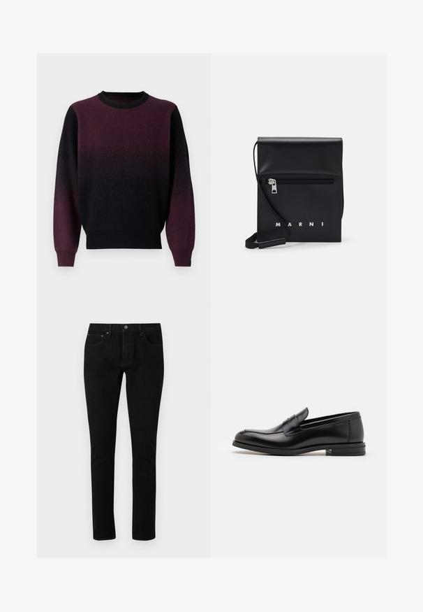 Pullover-Pullover in einem Verlauf von Schwarz zu tiefem Lila. Weicher Strickstoff, runder Halsausschnitt und lange Ärmel. Gerippte Bündchen und Saum.; Schwarze Jeans aus Denim mit Slim-Fit, ausgestattet mit einem normalen Bund, fünf Taschen und metallischen Akzenten. Glatte, leicht dehnbare Textur.; Schwarze Lederloafers mit glatter Textur, rundem Zehenbereich und einem dekorativen Riemen über dem Vorderfuß. Niedriger, gestapelter Absatz, minimalistisches Design.; Schwarze Leder-Crossbody-Tasche mit einer Reißverschlusstasche vorne, geprägtem Logo und verstellbarem Tragegurt. Glatte Oberfläche mit strukturierter Form.