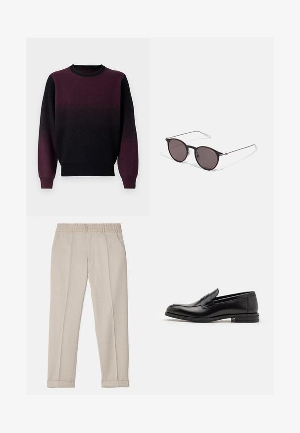 Pullover sweater in gradient black to deep purple. Soft knit texture, round neckline, and long sleeves. Ribbed cuffs and hem.; Filippa K TERRY CROPPED TROUSERS - Trousers - sage melange; Black leather loafers with a smooth texture, rounded toe, and a decorative strap across the vamp. Low stacked heel, minimalist design.; Black round sunglasses with dark lenses and slim metal arms. Includes clear temple tips and silver accents at the hinge. Minimalist design.