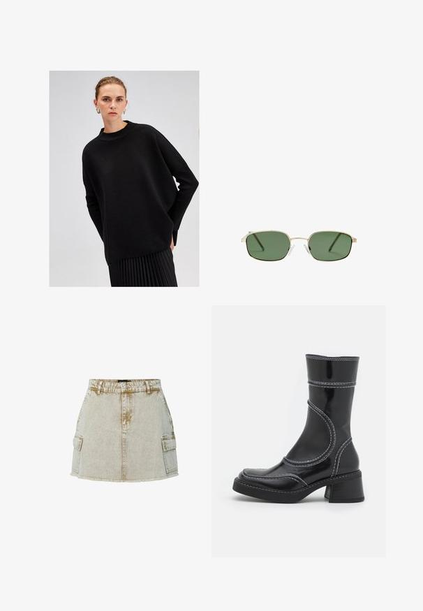 Schwarzer, übergroßer Pullover aus strukturiertem Strickmaterial, mit einem hohen Kragen und langen, lockeren Ärmeln, kombiniert mit einem plissierten schwarzen Rock.; Beige Denimrock mit fransigem Saum, zwei seitlichen Taschen und klassischer Knopfleiste. Der Stoff hat eine leicht strukturierte Oberfläche.; Schwarze Lackleder-Ankle Boots mit weißen Nähten, abgerundeter Zehe und Blockabsatz. Besitzt geschwungene Designlinien und eine glatte Textur.; Sonnenbrille mit einem goldenen Metallrahmen, grünen Gläsern, rechteckiger Form und klaren Kunststoff-Nasenpads. Dünne, schlanke Bügel mit minimalistischem Design.