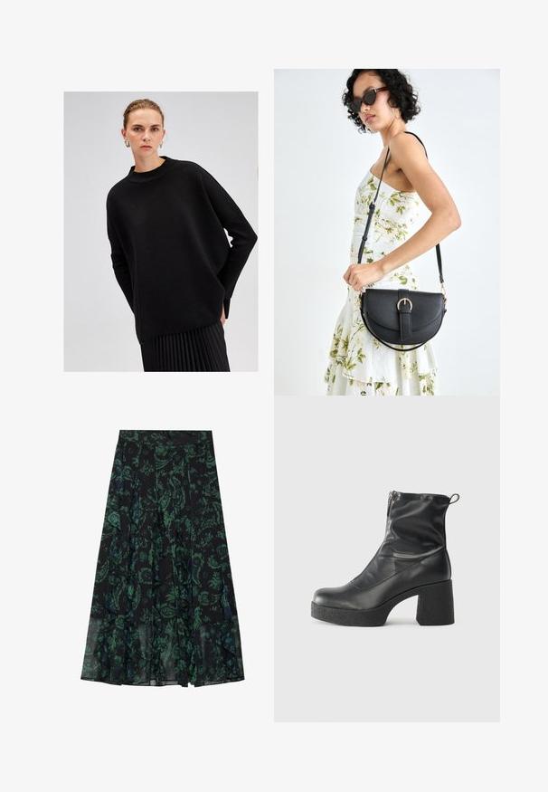 Pulover negru supradimensionat, realizat dintr-un material tricotat texturat, având un guler înalt și mâneci lungi, largi, purtat împreună cu o fustă neagră plisată.; Fustă neagră cu model floral verde, având margini volanate și pliseuri. Fabricată dintr-un material ușor, oferind o siluetă fluidă.; Bocanci negri de glezna din piele netedă, cu fermoar lateral, toc texturat și masiv, și design cu vârf rotund.; Geantă din piele neagră, cu o formă curbată, curea detașabilă și accesorii aurii. Geanta are un capac cu un detaliu tip cataramă.